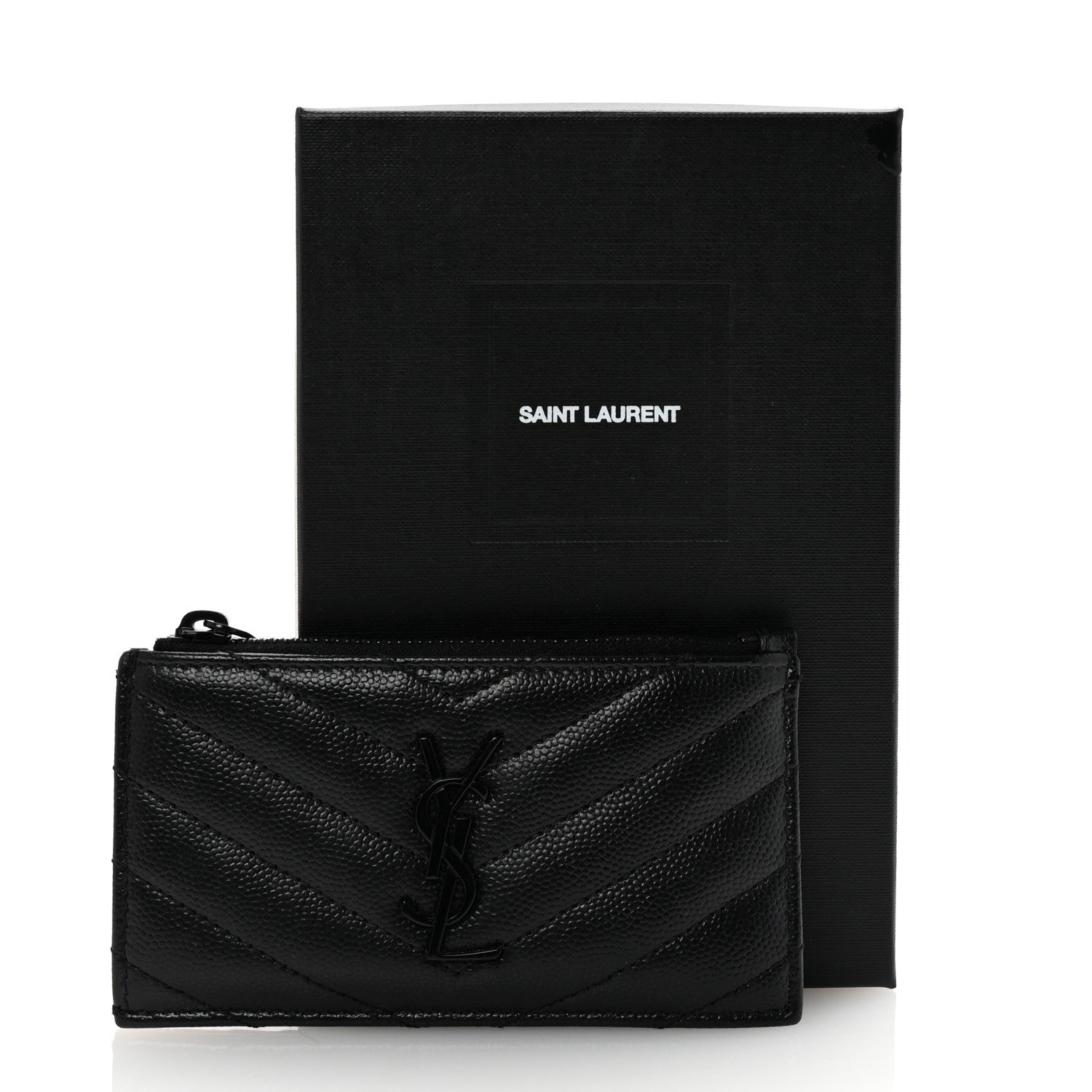 Saint Laurent Grain De Poudre Matelasse Chevron Monochrome Fragments Zippered Card Case Black 7 of 7