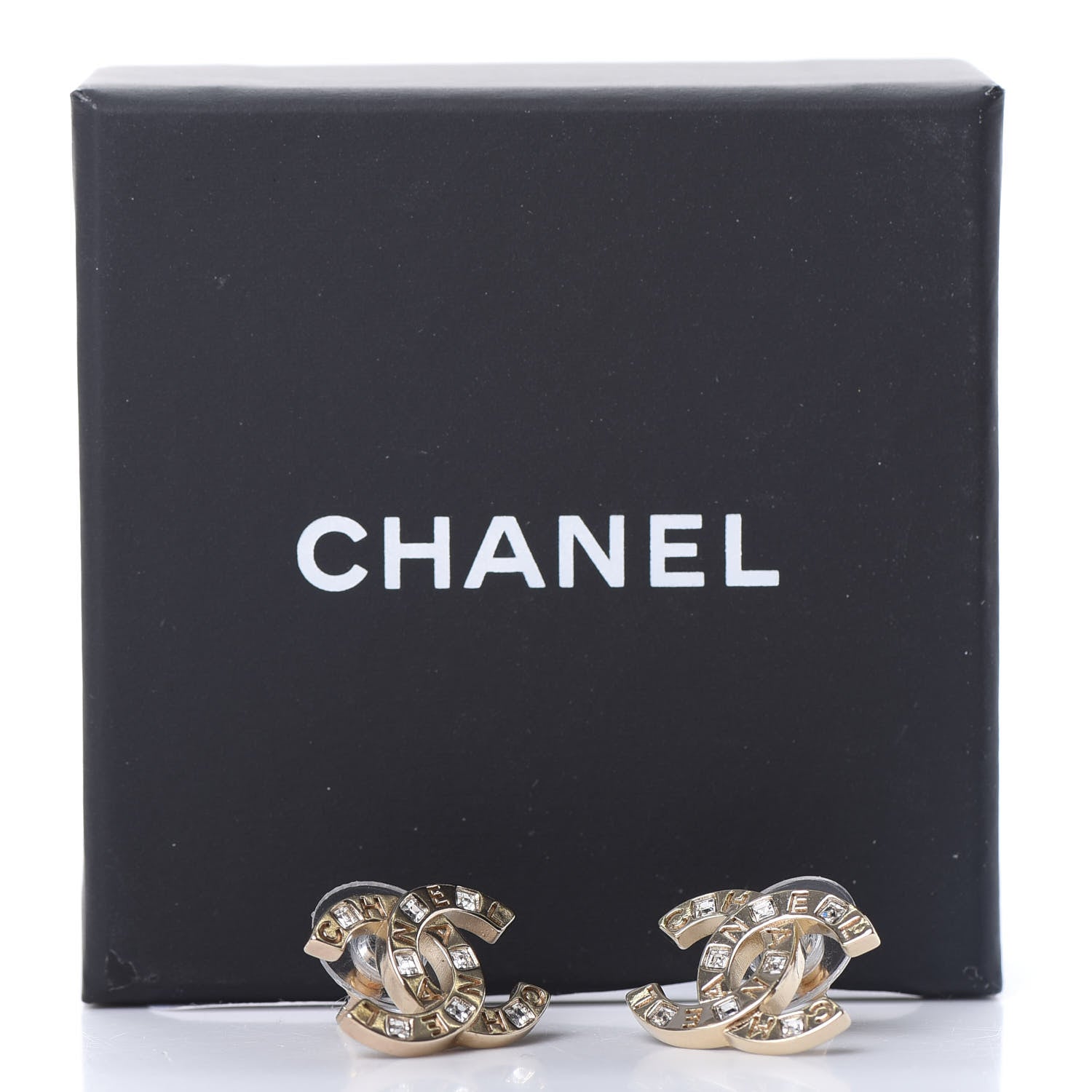 Chanel Crystal Metal CC Paris Button Stud Earrings Gold 5 of 5