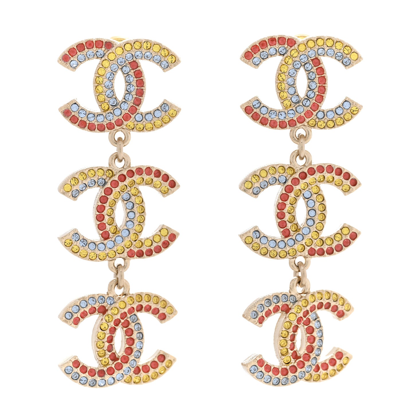 Metal Crystal CC Triple Drop Earrings Gold Multicolor