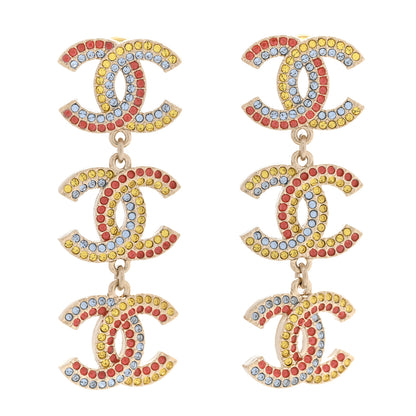 Chanel Metal Crystal CC Triple Drop Earrings Gold Multicolor 1 of 5