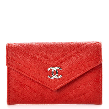 Chanel Caviar Chevron Quilted Card Holder Wallet Red 1 of 8