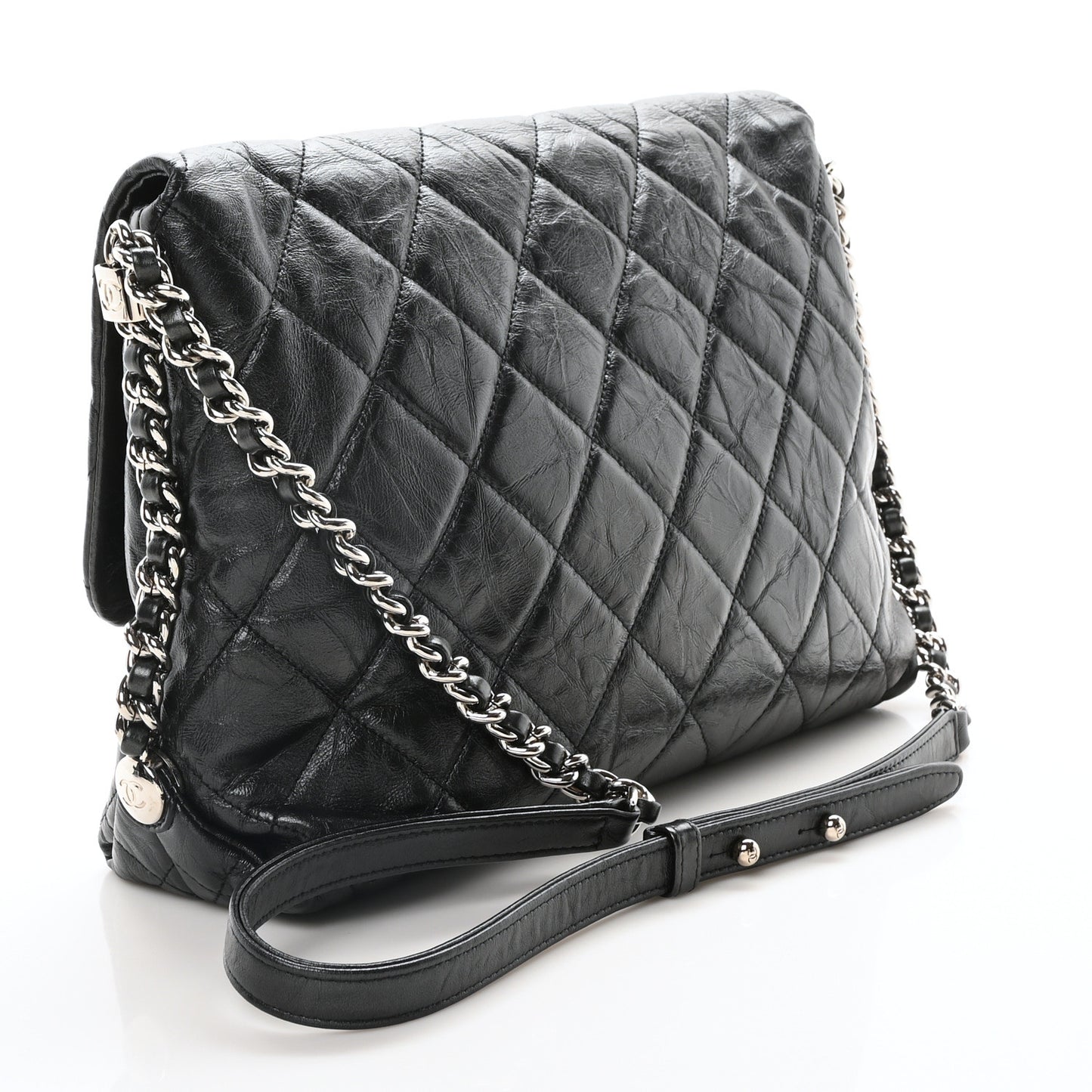 Crackled Aged Calfskin Big Bang Flap Black