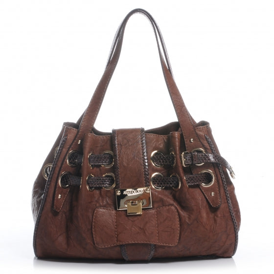 Jimmy Choo Leather Watersnake Trim Riki Tote Bag Brown 1 of 8