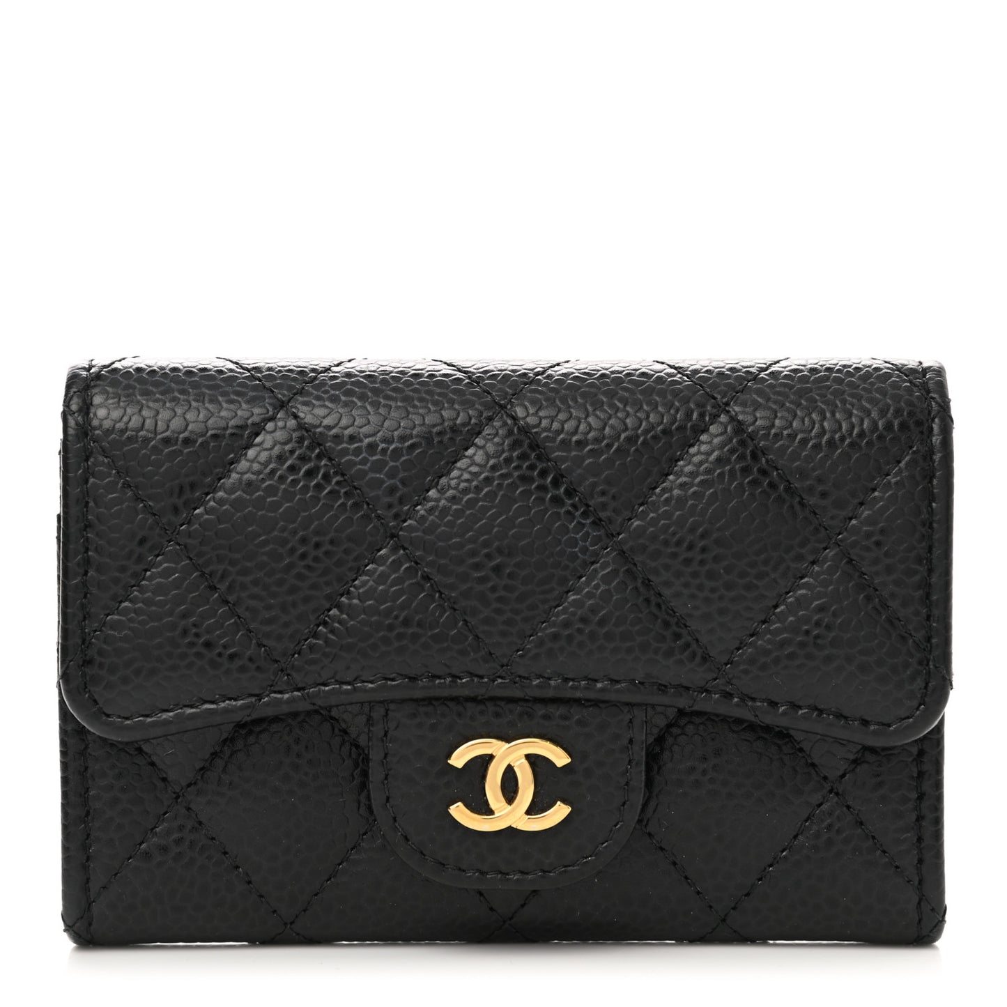 Caviar Quilted Flap Card Holder Wallet Black
