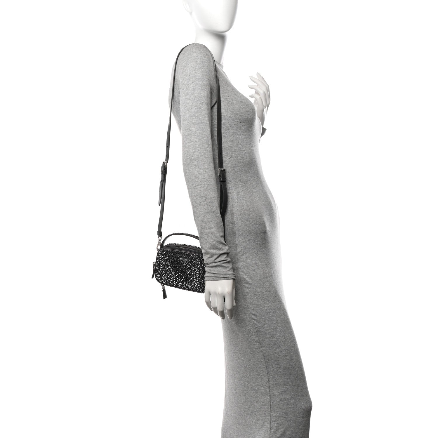 Prada Satin Crystal Metal Triangle Logo Odette Crossbody Fumo 2 of 10