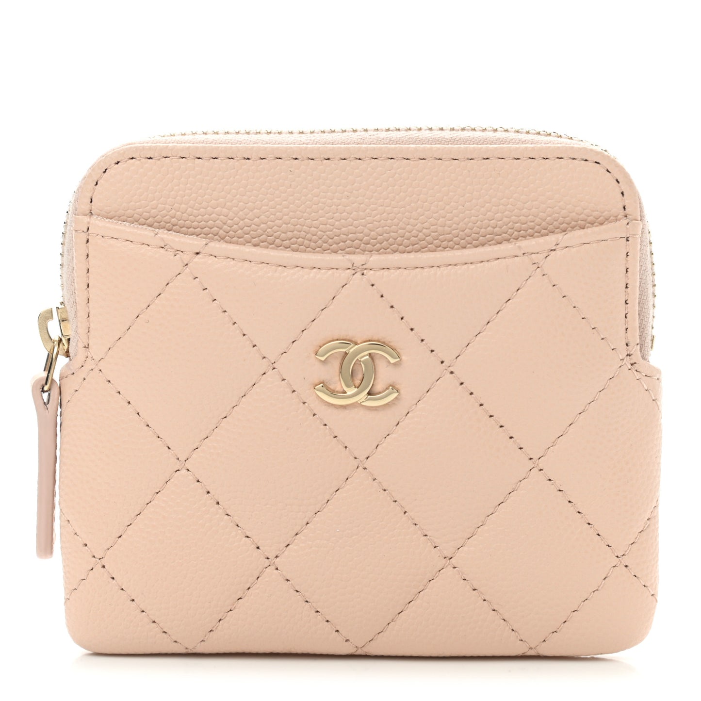 Caviar Quilted Zip Card Holder Wallet Light Beige