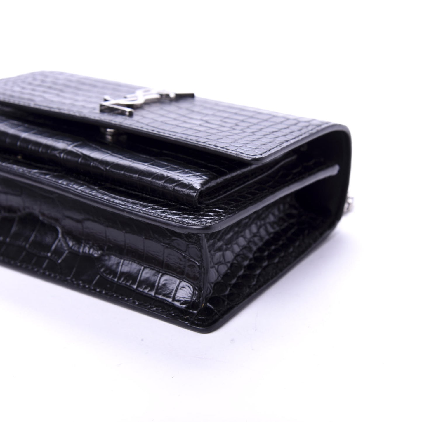 Calfskin Crocodile Embossed Monogram Sunset Chain Wallet Black