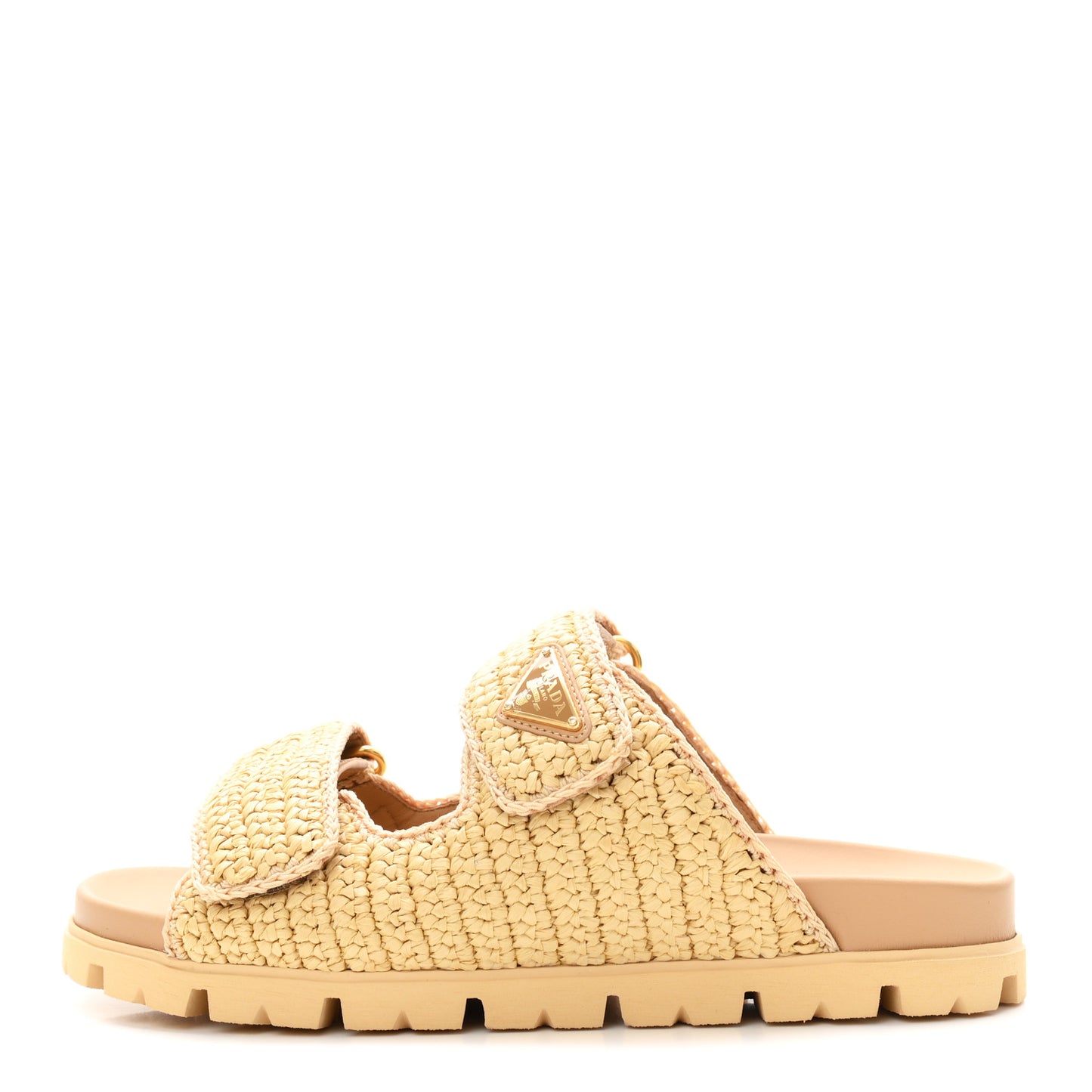Raffia Calfskin Crochet Metal Triangle Logo Womens Double Buckle 20mm Slide Sandals 38 Naturale