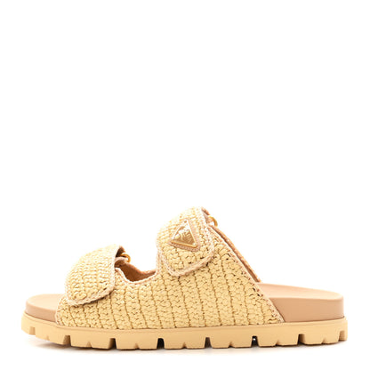 Prada Raffia Calfskin Crochet Metal Triangle Logo Womens Double Buckle 20mm Slide Sandals 38 Naturale 1 of 10