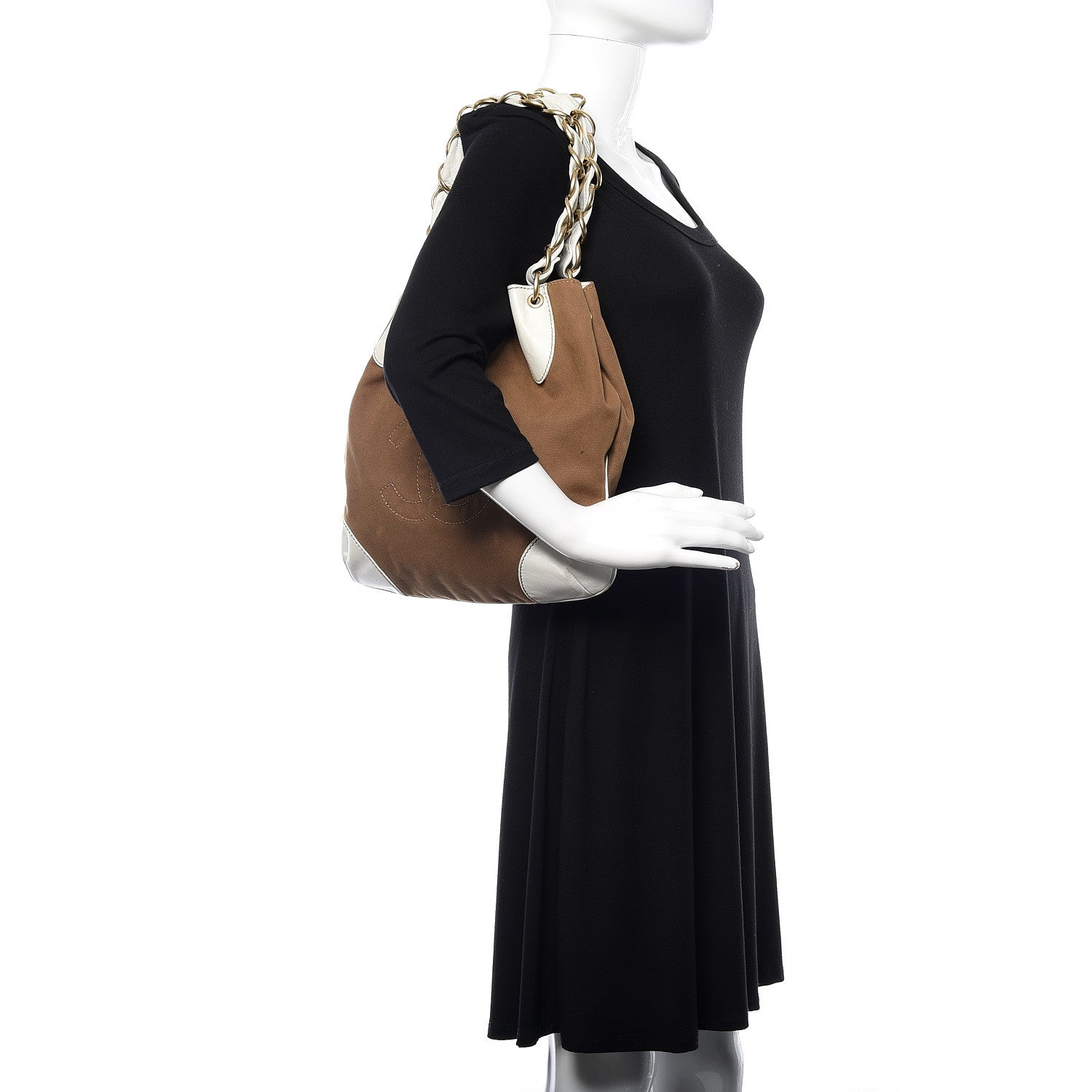 Chanel Canvas Calfskin CC Tote Brown White 2 of 17
