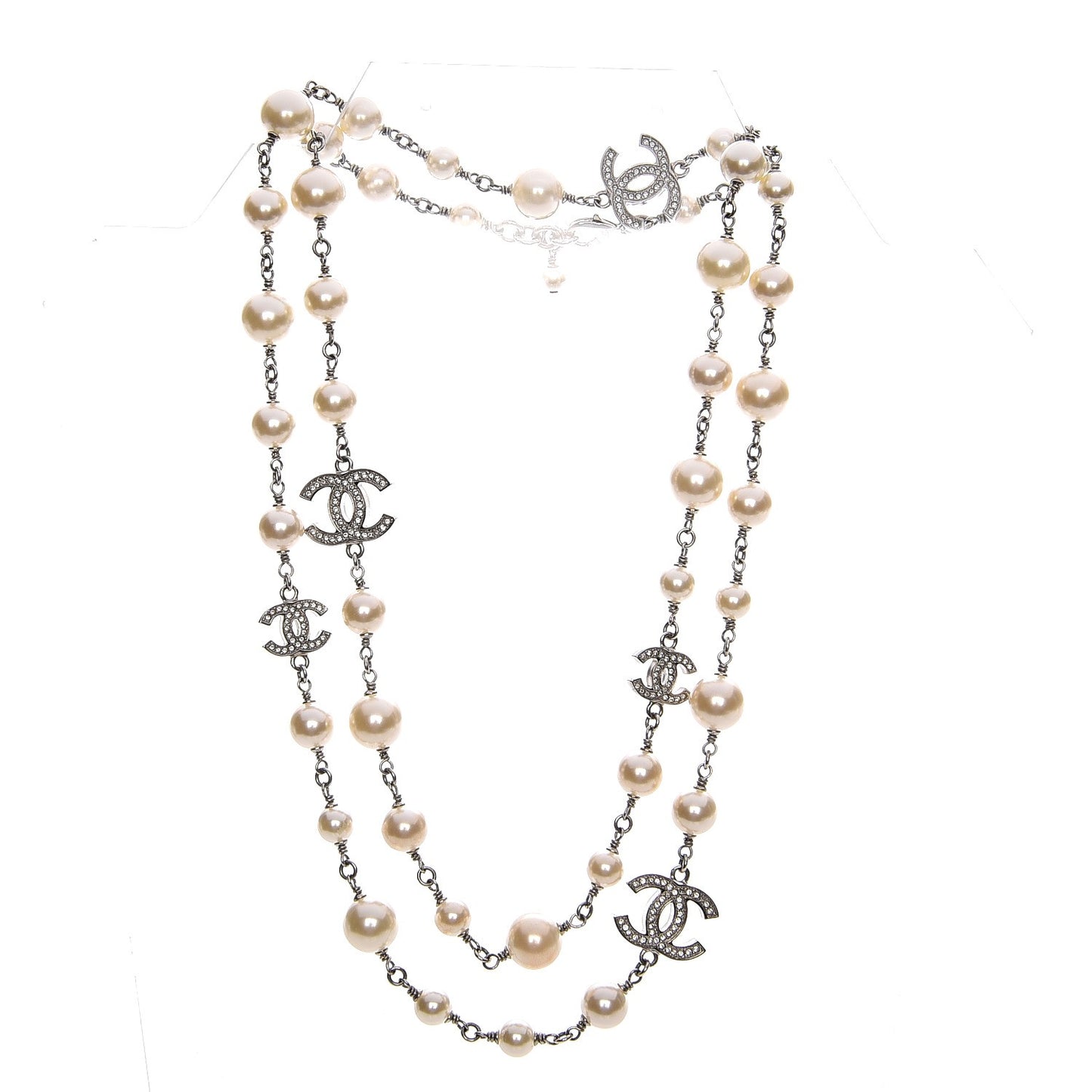 Crystal Pearl CC Long Necklace Silver