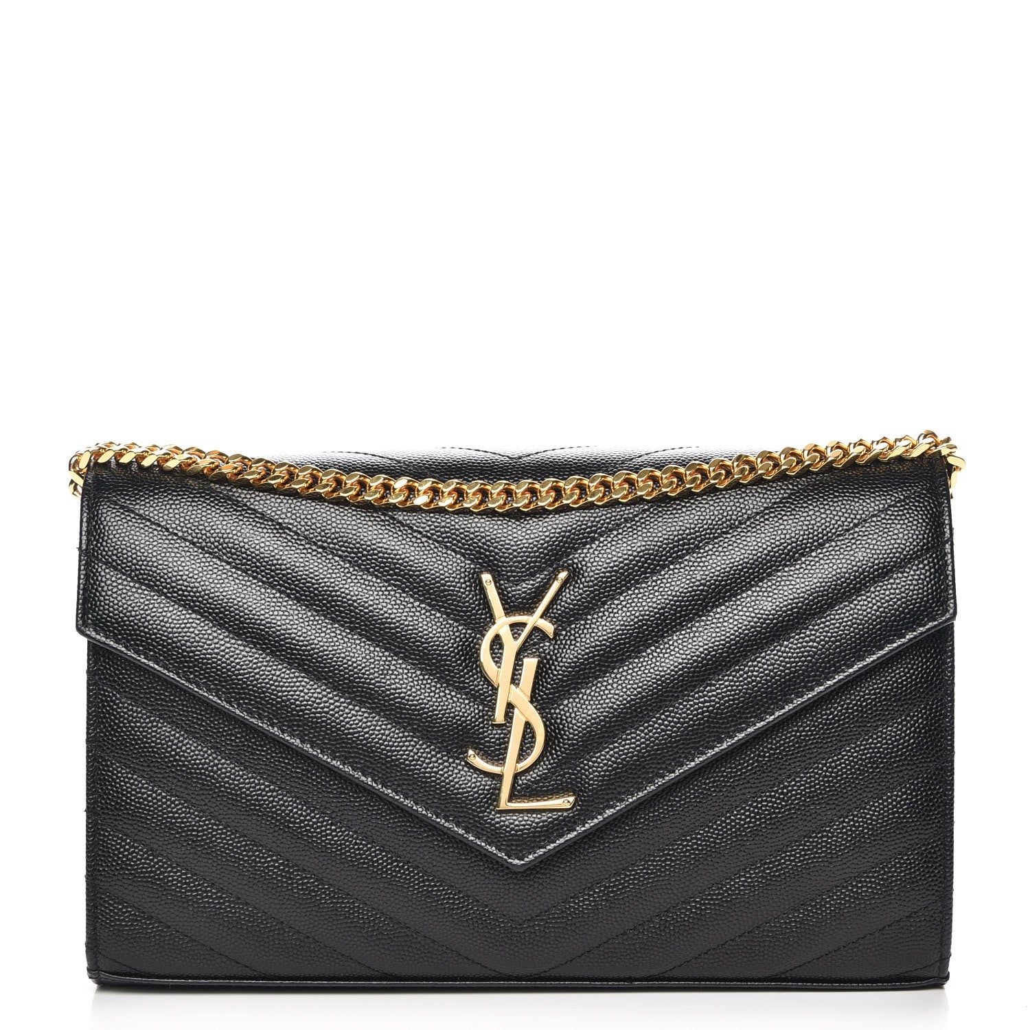 Saint Laurent Grain De Poudre Matelasse Chevron Monogram Chain Wallet Black 1 of 7