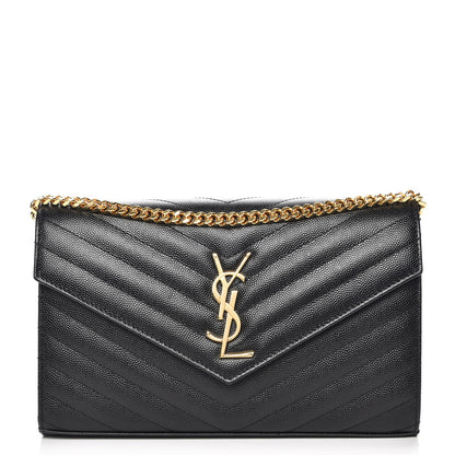 Saint Laurent Grain De Poudre Matelasse Chevron Monogram Chain Wallet Black 1 of 7