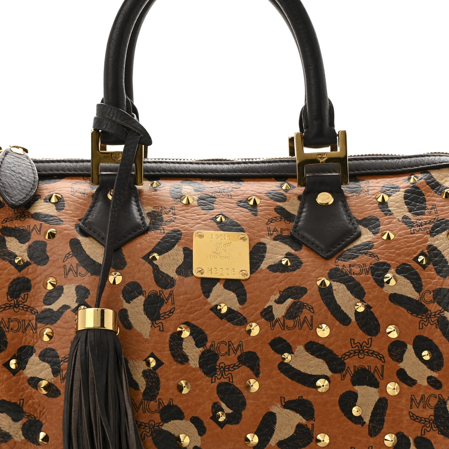 Visetos Leopard Print Boston Bag Cognac