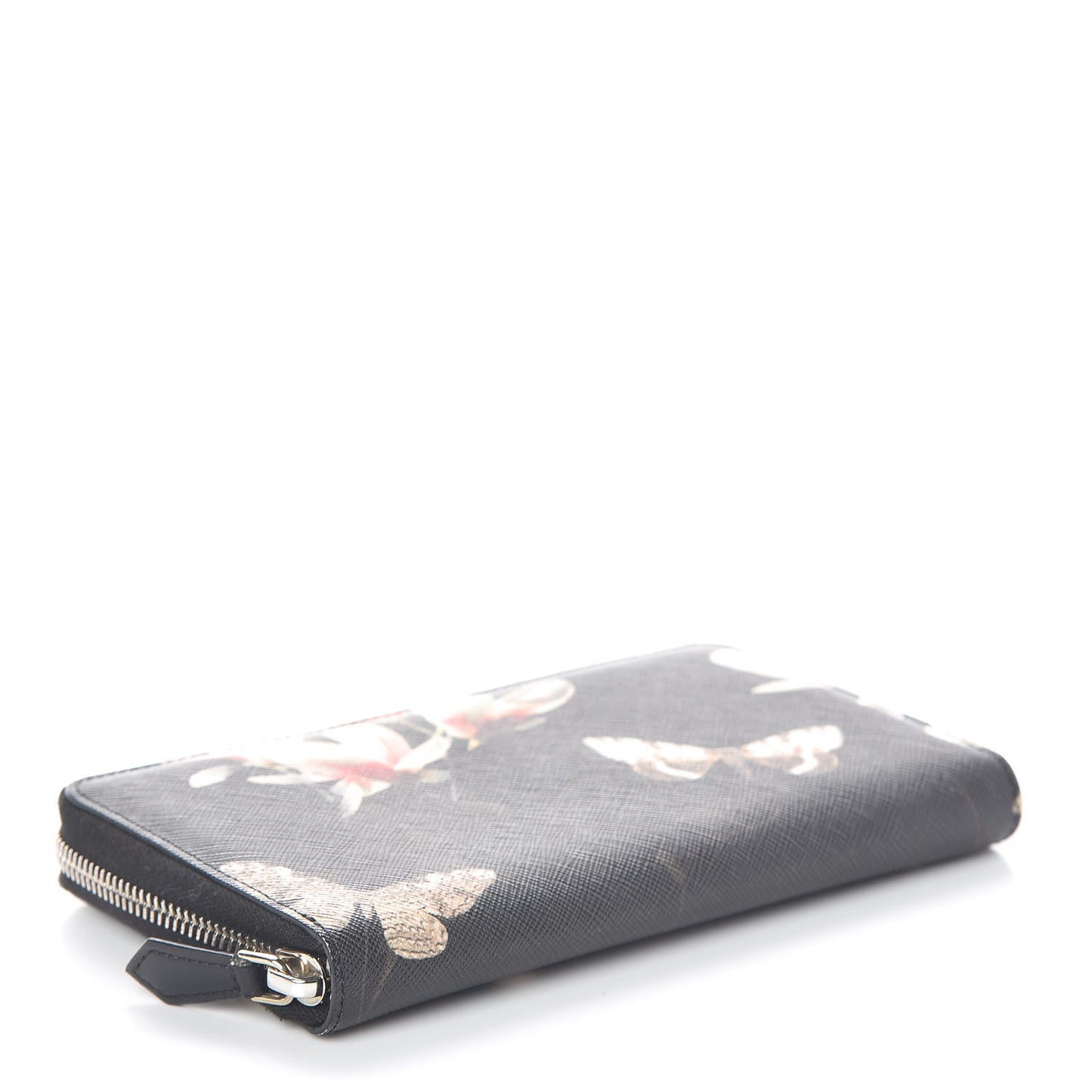 Textured Coated Canvas Magnolia and Moth Print Zip Around Wallet Black