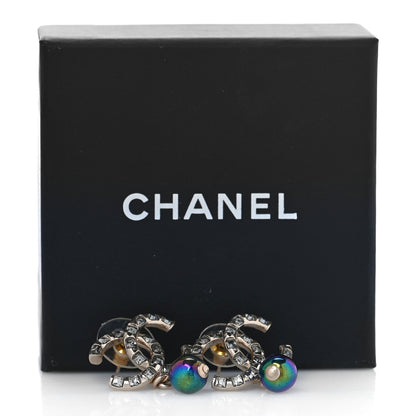 Chanel Metal Pearl Crystal CC Drop Earrings Gold Purple Gray 5 of 5