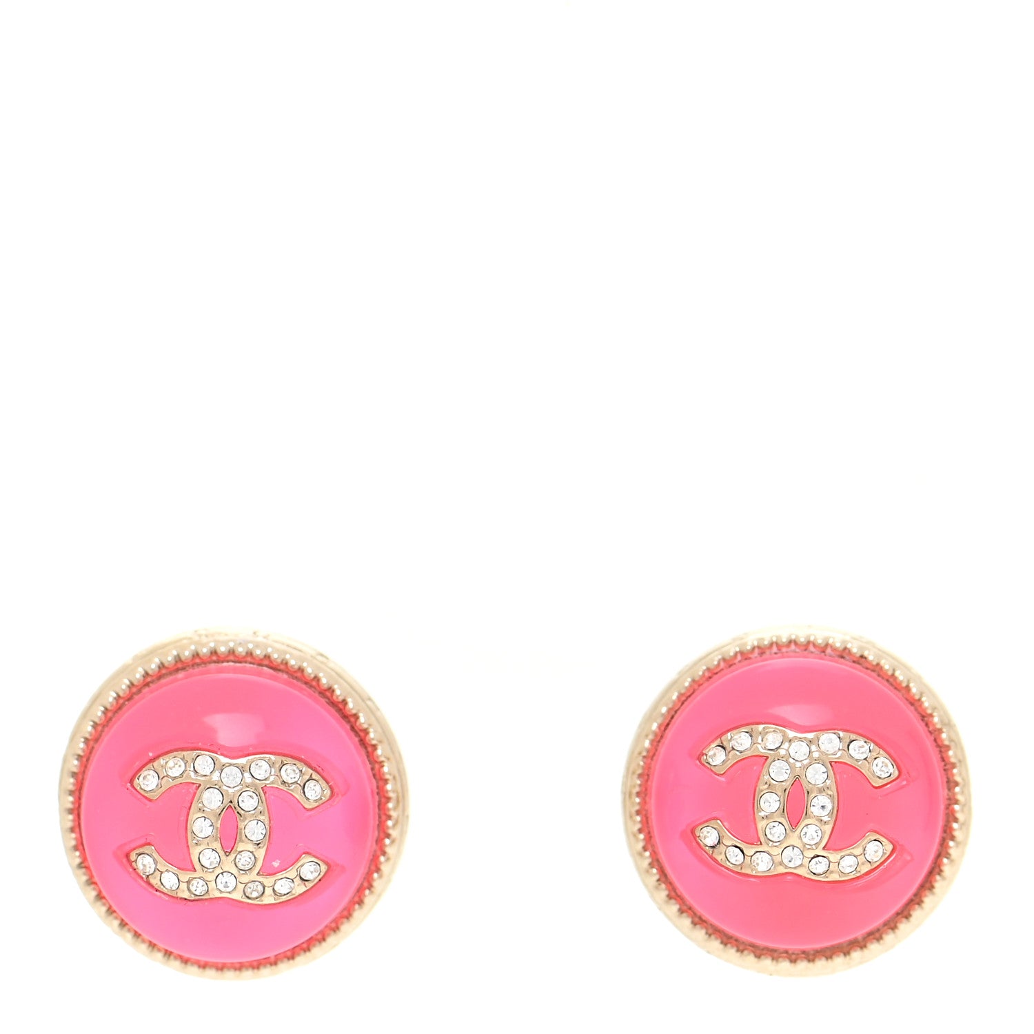 Chanel Resin Crystal Chain CC Round Earrings Gold Pink 1 of 5