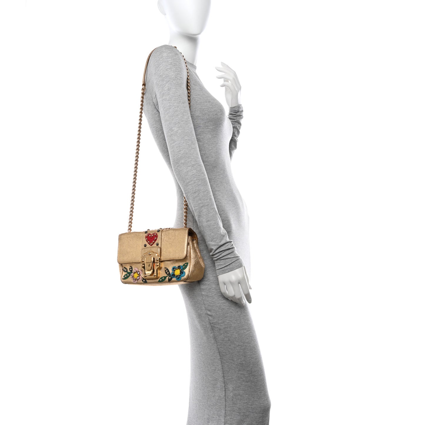 DOLCE & GABBANA Metallic Calfskin Crystal Embellished Lucia Shoulder Bag Gold Multicolor