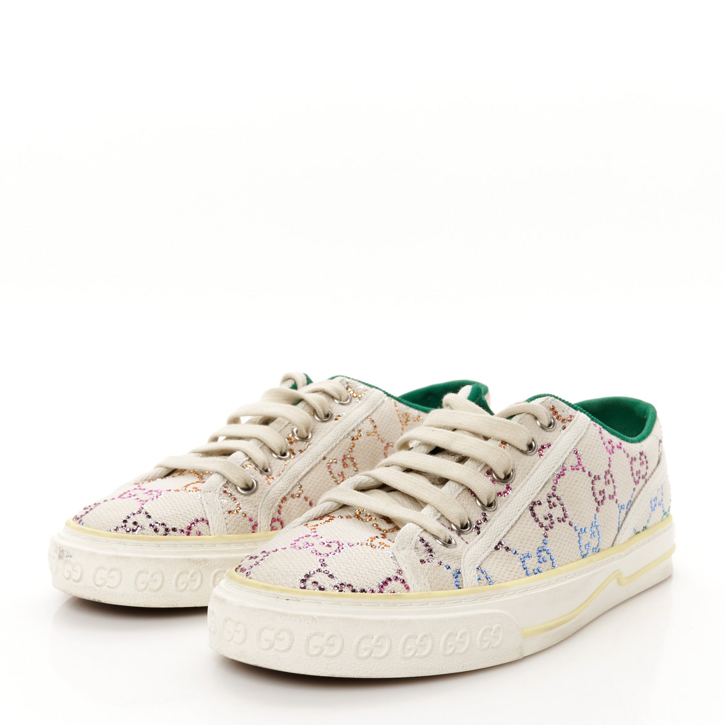 Canvas Lame Crystal GG Monogram Womens 1977 Tennis Sneakers 38 Gardenia Silver Mystic White