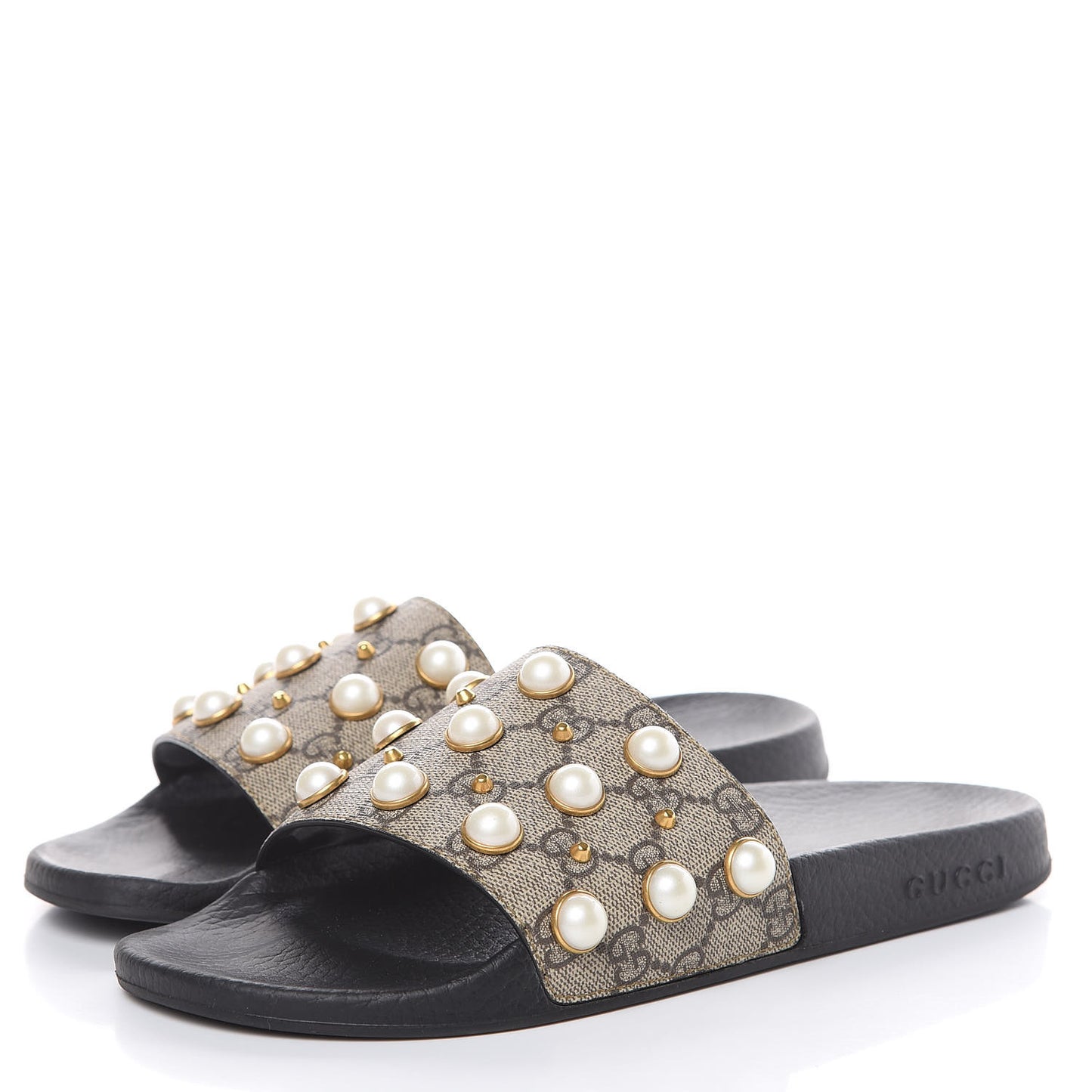 GG Supreme Monogram Pearls Womens Slide Sandals 40 Beige