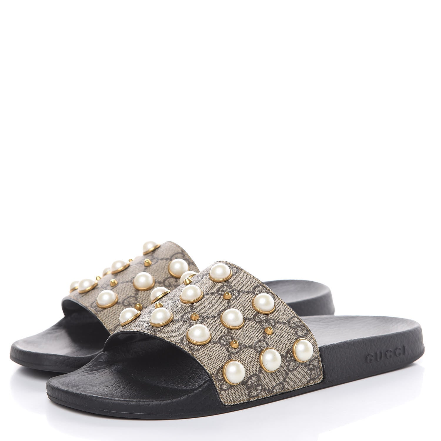 Gucci GG Supreme Monogram Pearls Womens Slide Sandals 40 Beige 3 of 8