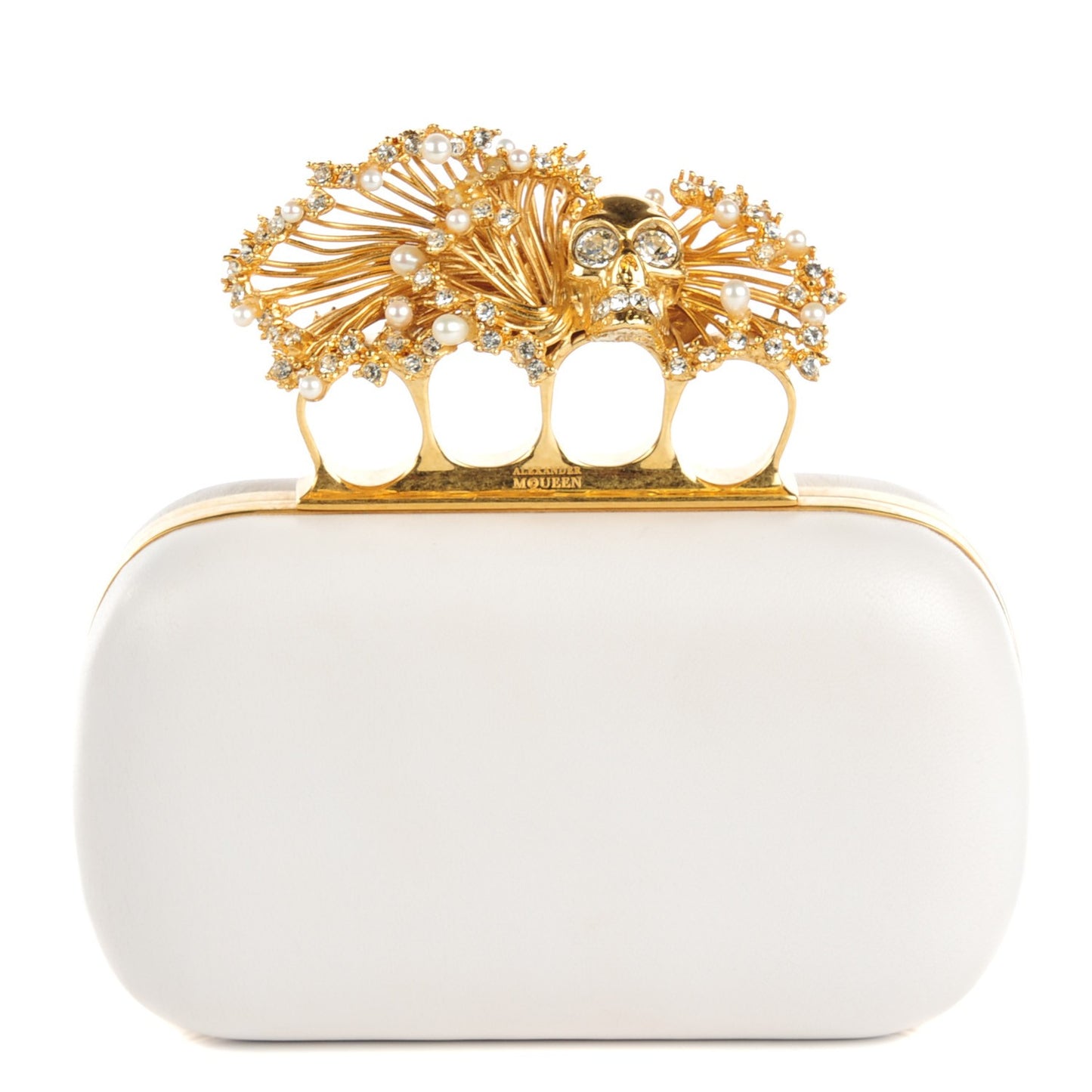 Nappa Pearl Crystal Knuckle Duster Box Clutch White