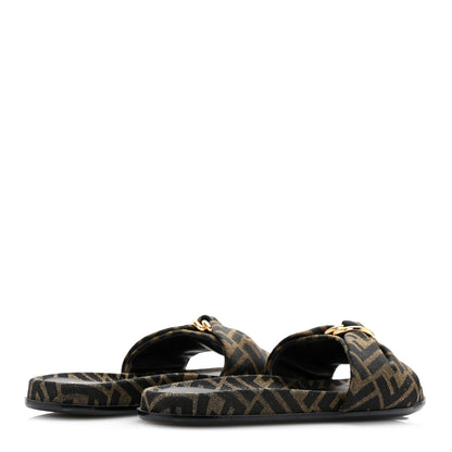 Fendi Fabric Jacquard Nappa FF Womens Fendi Feel Slide Sandals 38 Tobacco Black Miele Scuro 5 of 9