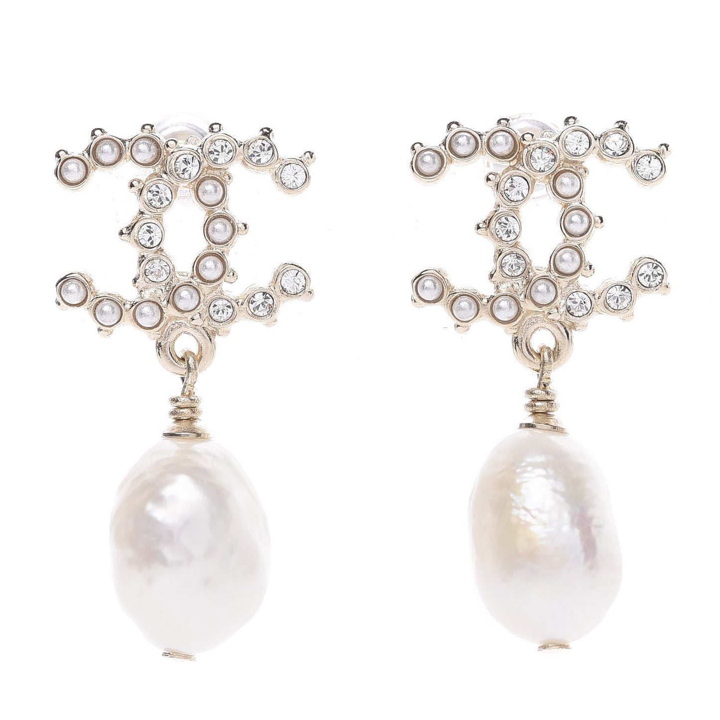Crystal Pearl CC Drop Earrings Gold
