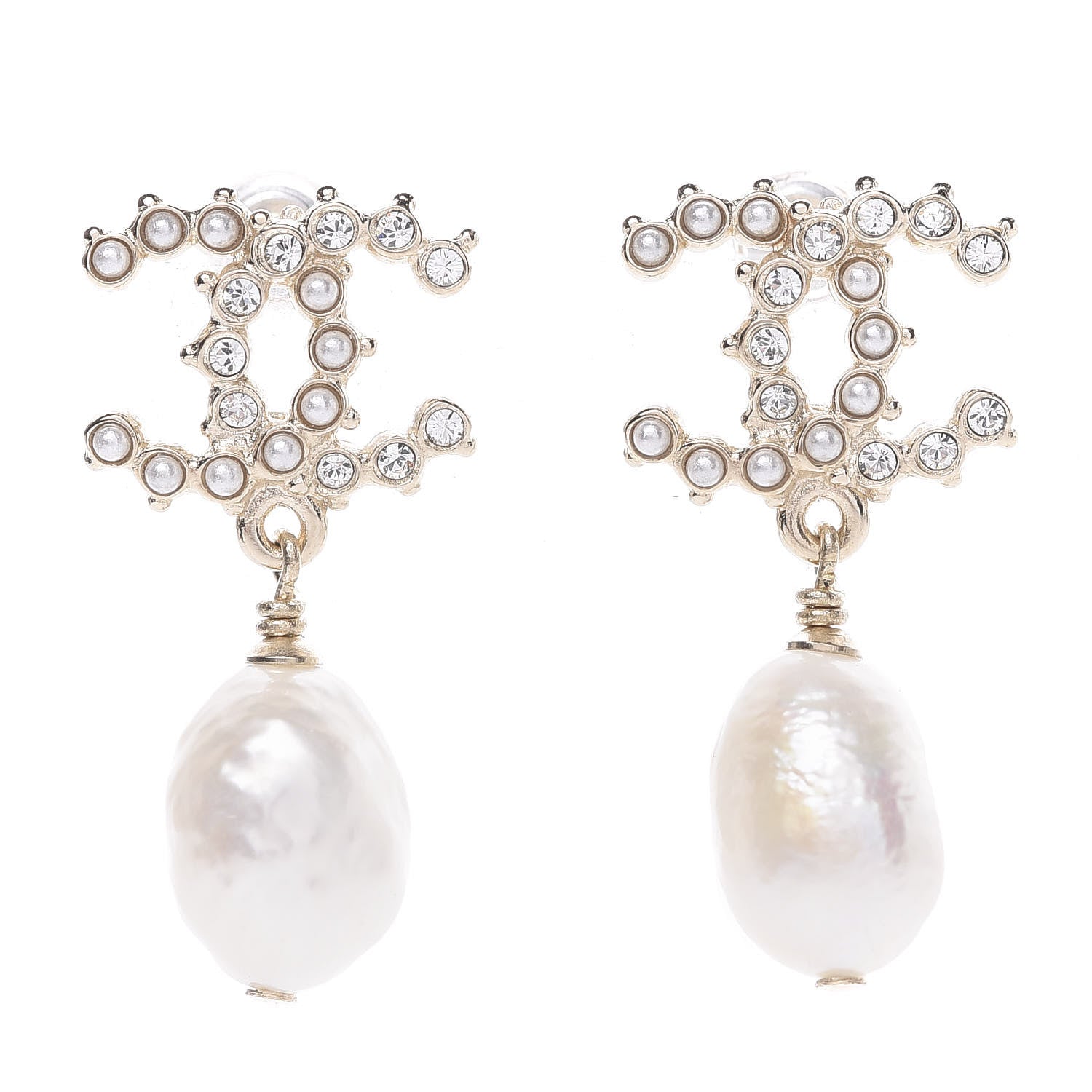 Chanel Crystal Pearl CC Drop Earrings Gold 1 of 5
