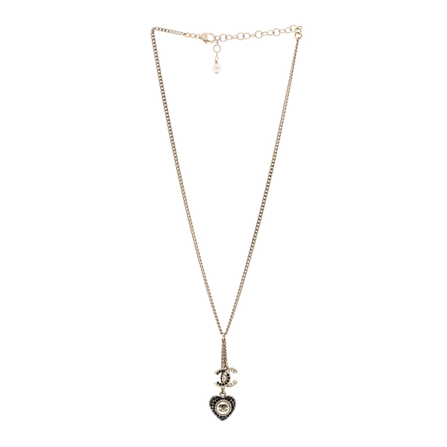 Chanel Crystal CC Heart Necklace Black Pearly White Gold 3 of 6