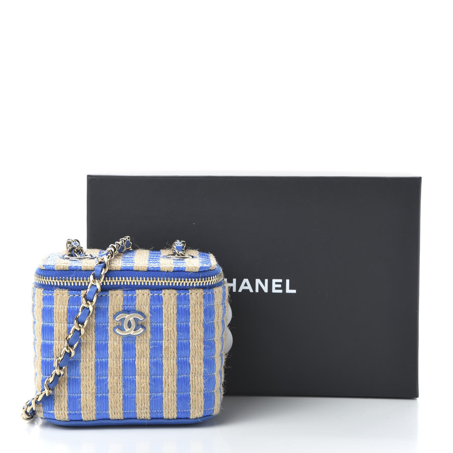Chanel Raffia Jute Striped Mini Vanity Case With Chain Blue Beige 11 of 11