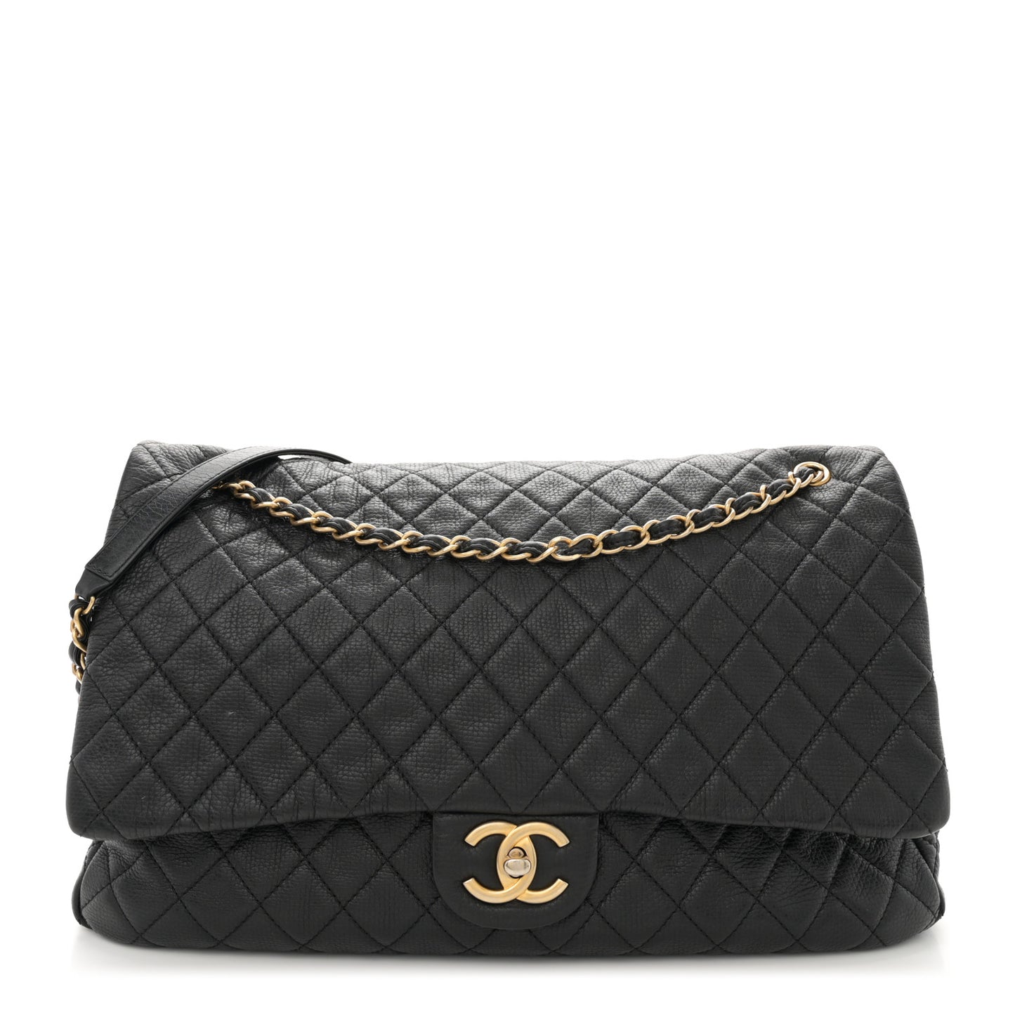 Calfskin Quilted XXL Travel Flap Bag Black