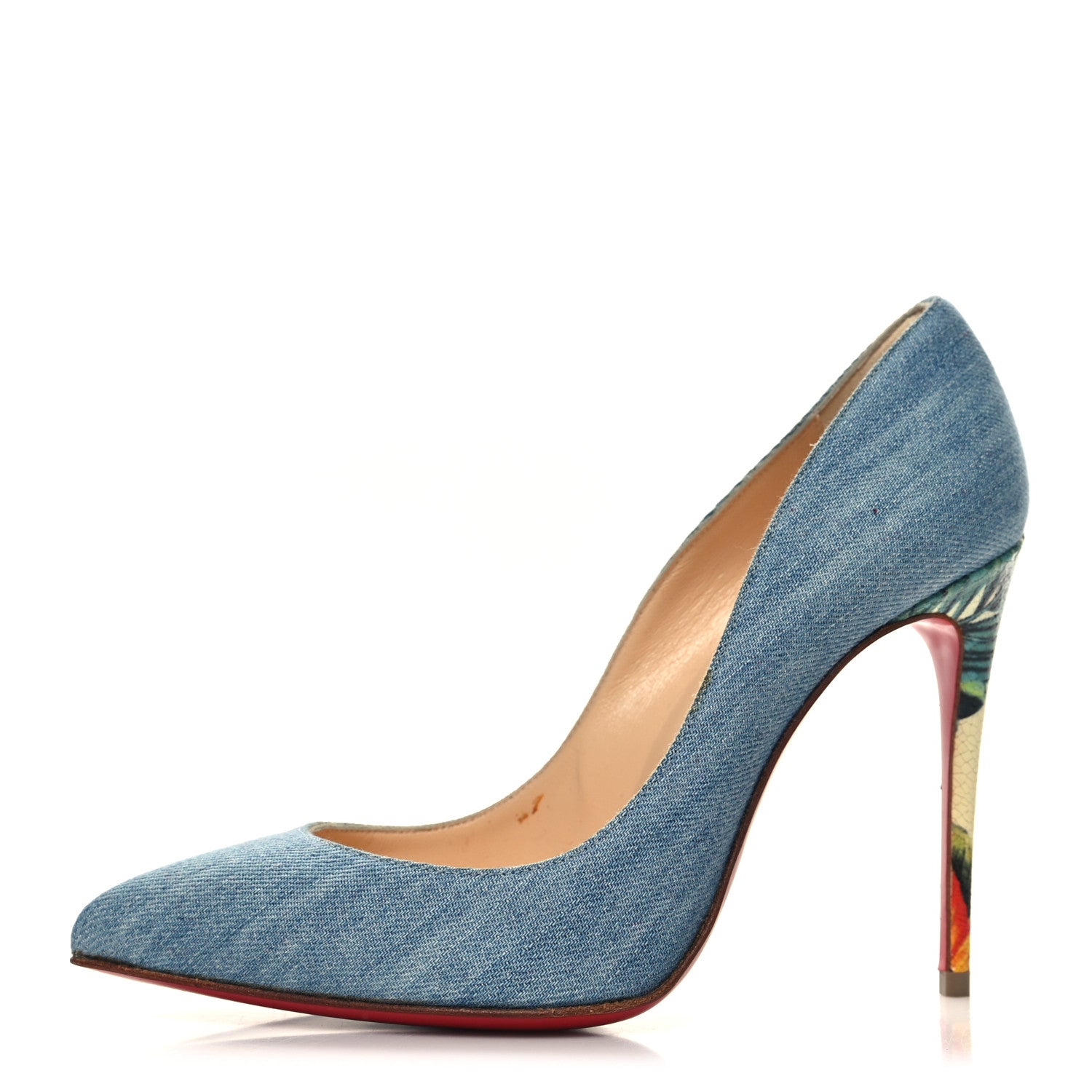 Christian Louboutin Denim Crackled Calfskin Hawaiian Print Pigalle Follies 100 Pumps 35.5 Blue White 1 of 8