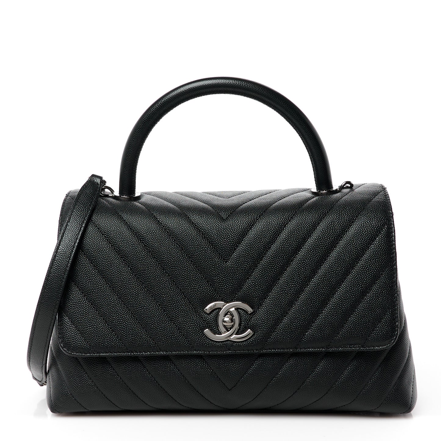 Caviar Chevron Quilted Small Coco Handle Flap Black