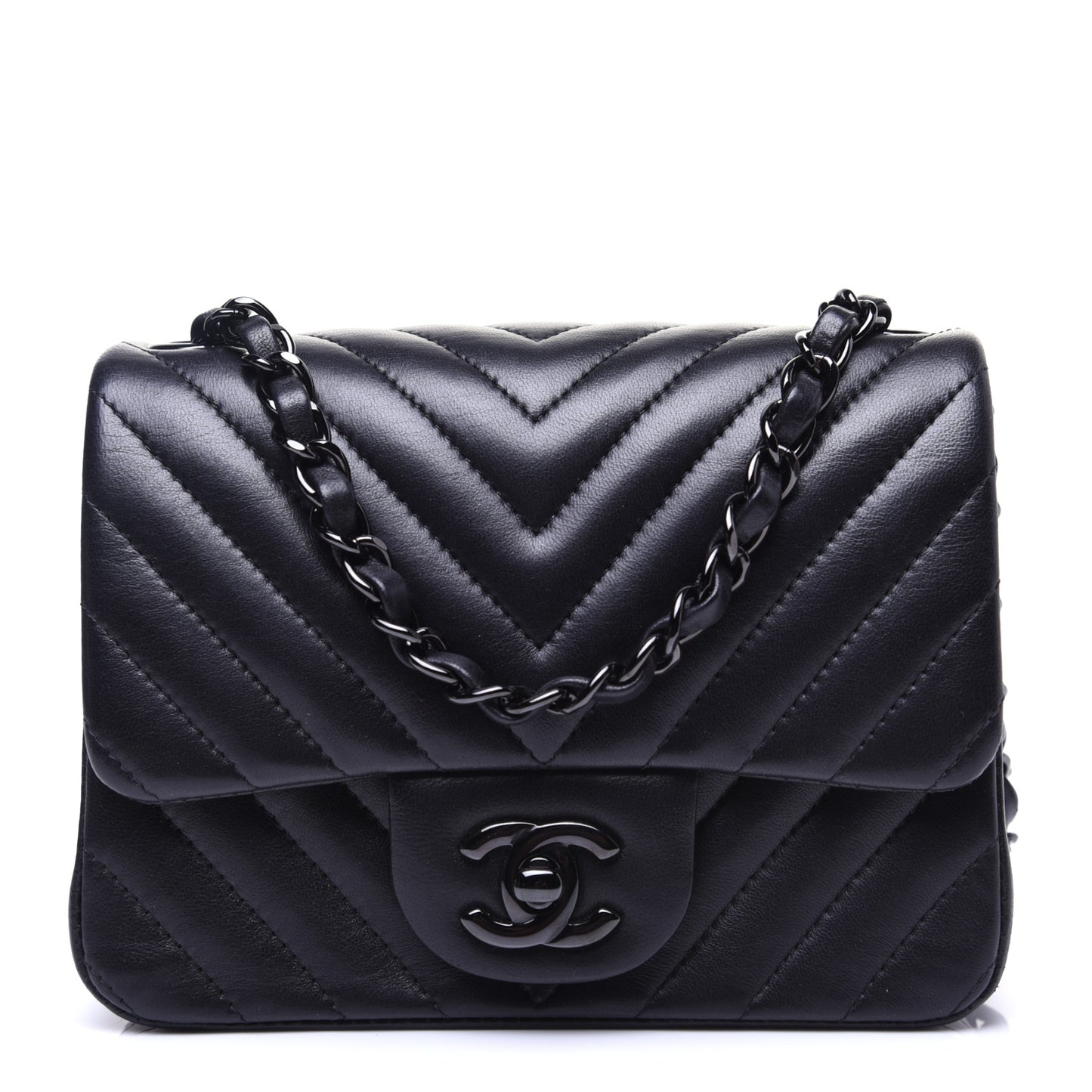 Lambskin Chevron Quilted Mini Square Flap So Black