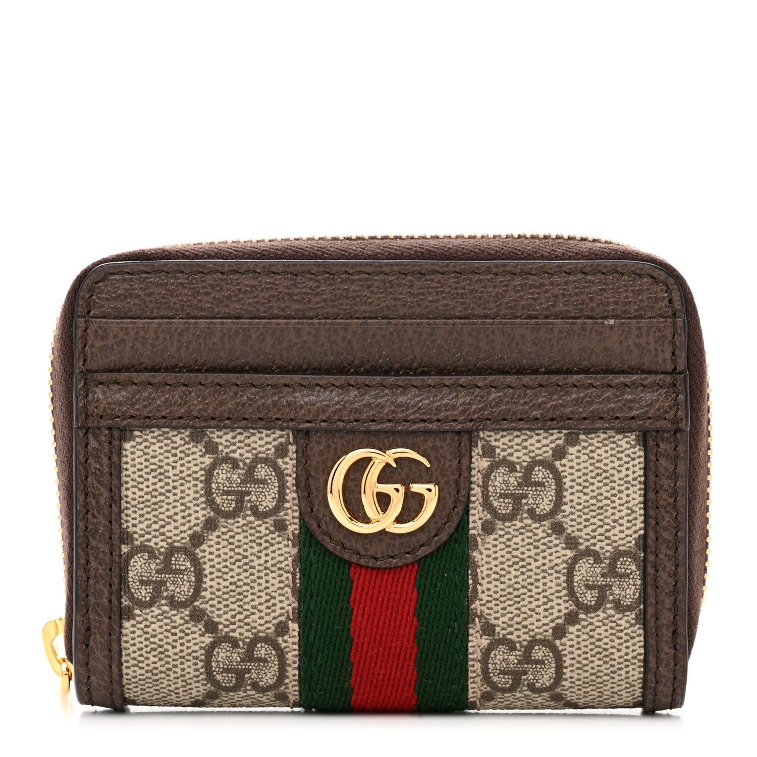 Gucci GG Supreme Monogram Textured Dollar Calfskin Web Ophidia Zip Around Card Case Wallet Beige Ebony New Acero 1 of 6