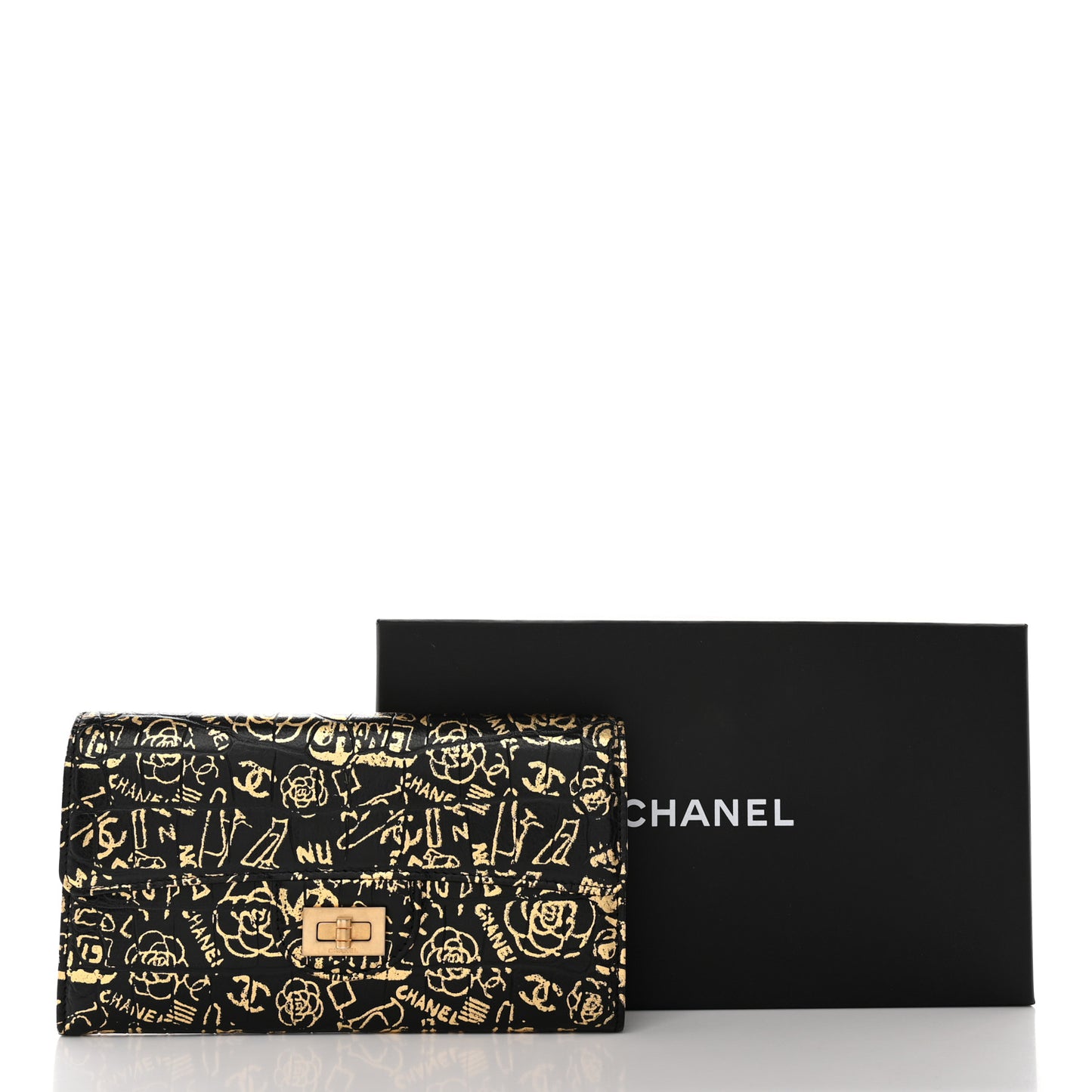 Calfskin Crocodile Embossed Graffiti 2.55 Cocodile Reissue Long Flap Black Gold