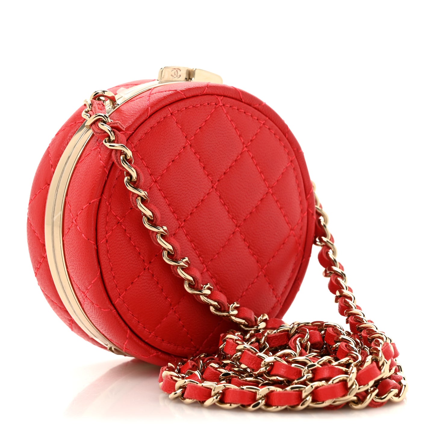 Lambskin Enamel Quilted Round Poker Chip Clutch With Chain Red White