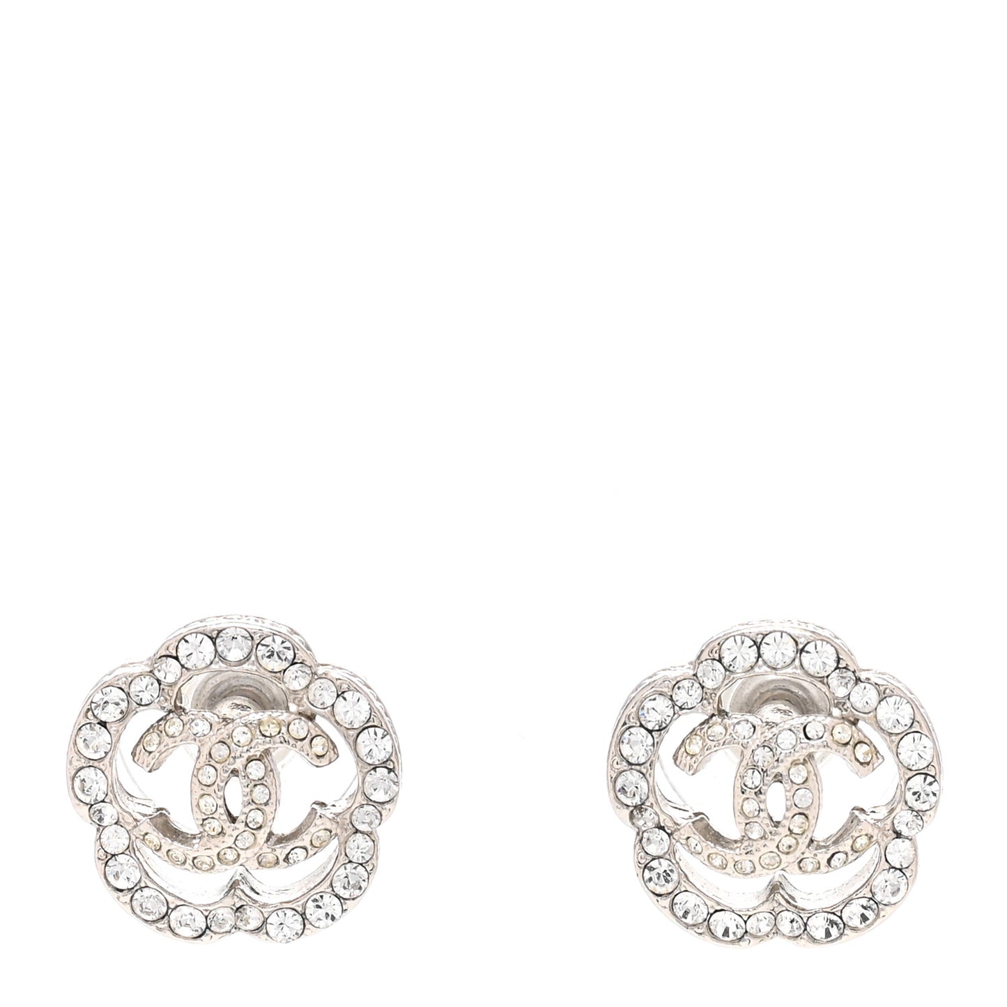 Crystal Coco Flapper Camellia CC Stud Earrings Silver