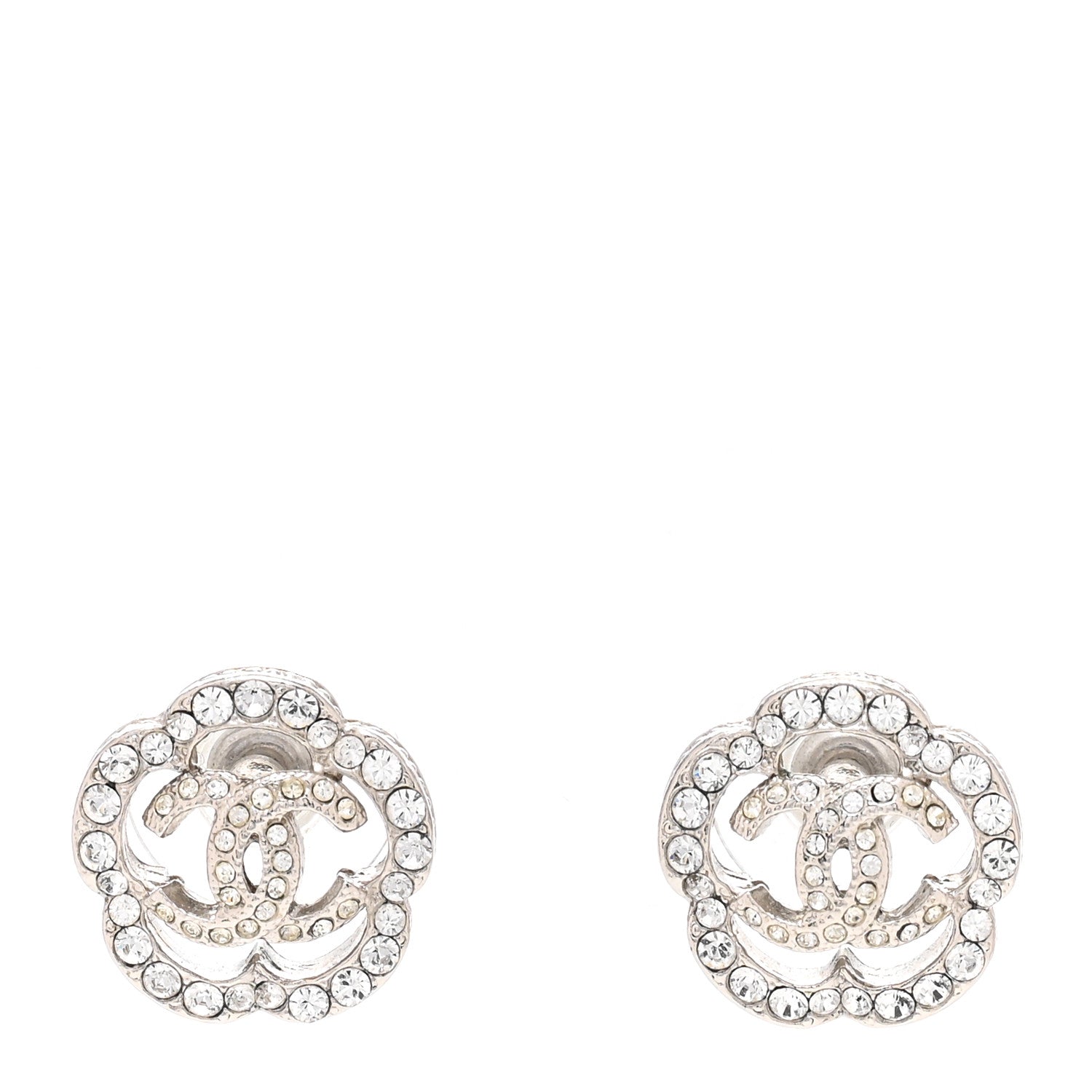 Chanel Crystal Coco Flapper Camellia CC Stud Earrings Silver 1 of 4