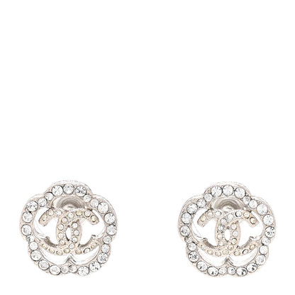Chanel Crystal Coco Flapper Camellia CC Stud Earrings Silver 1 of 4