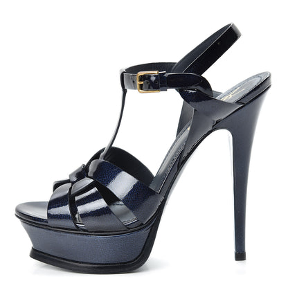 Saint Laurent Pebbled Patent Tribute 105 Platform Sandals 37 Navy Blue 1 of 8