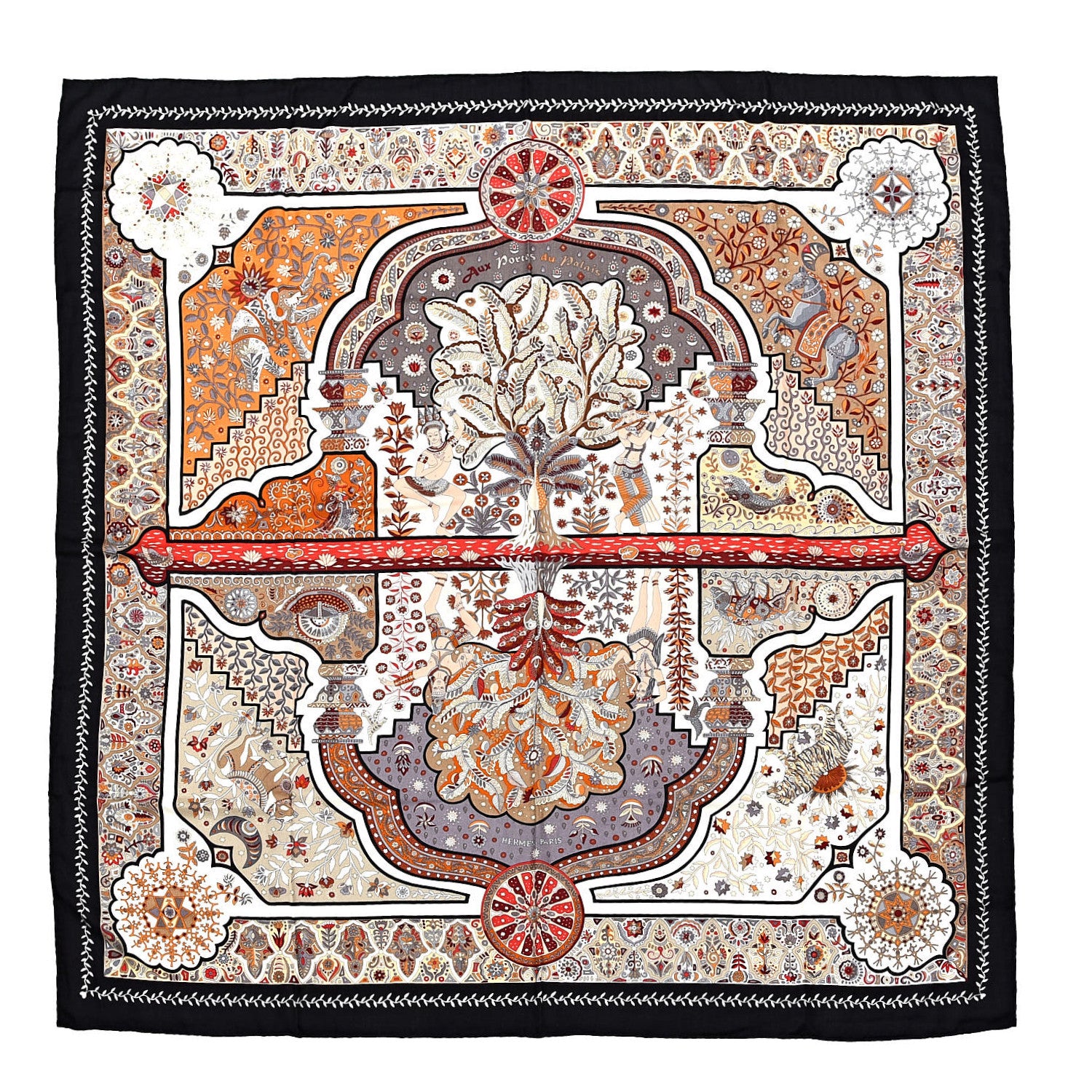 Hermes Cashmere Silk Aux Portes Du Palais Shawl 140 Black Beige Rouge 1 of 4