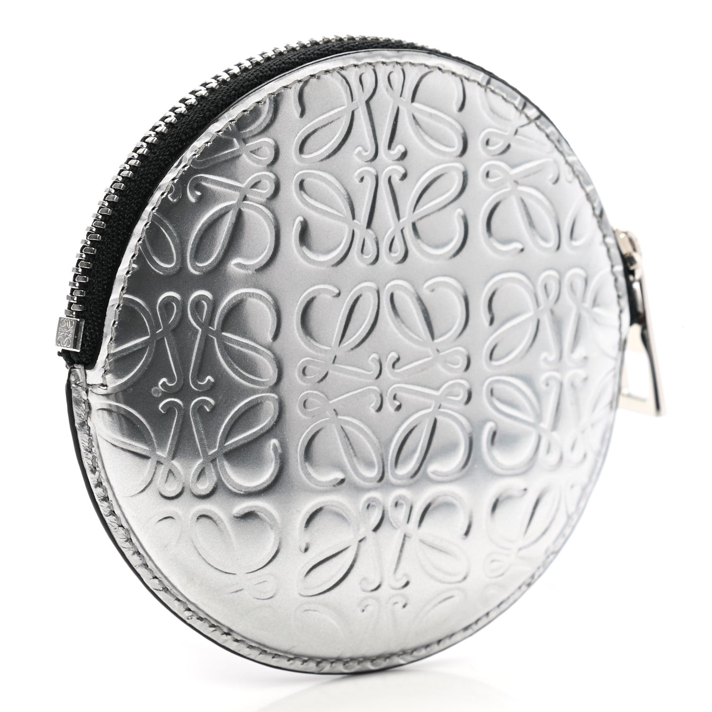 Metallic Calfskin Embossed Anagram Cookie Zip Coin Purse Silver