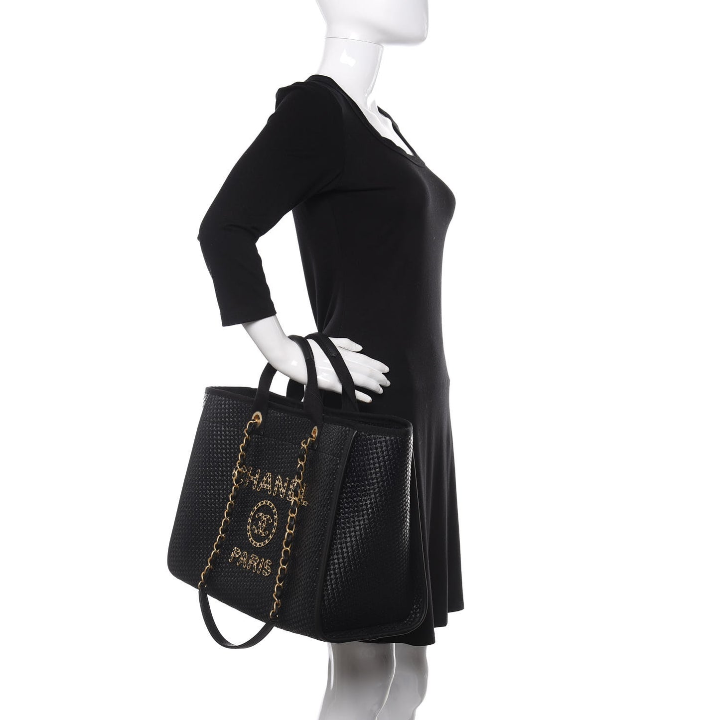 Straw Raffia Calfskin Chain Medium Deauville Tote Black