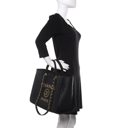Chanel Straw Raffia Calfskin Chain Medium Deauville Tote Black 3 of 11