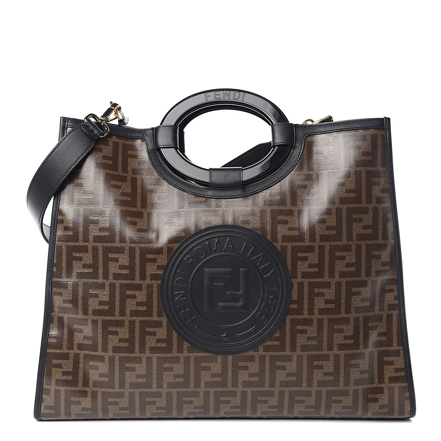 Fendi Glazed Fabric Vitello Century Plexiglass FF 1974 Stamp Patch Medium Runaway Shopper Tote Mogano Panna Black 1 of 10