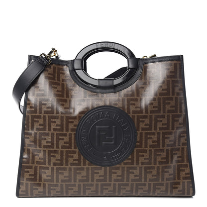 Fendi Glazed Fabric Vitello Century Plexiglass FF 1974 Stamp Patch Medium Runaway Shopper Tote Mogano Panna Black 1 of 10