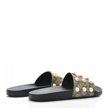 Gucci GG Supreme Monogram Slide Pearls Sandals 39 Beige 4 of 7