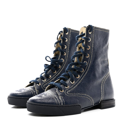 Chanel Coated Canvas Lace Up Combat Boots 37 Navy 3 of 8